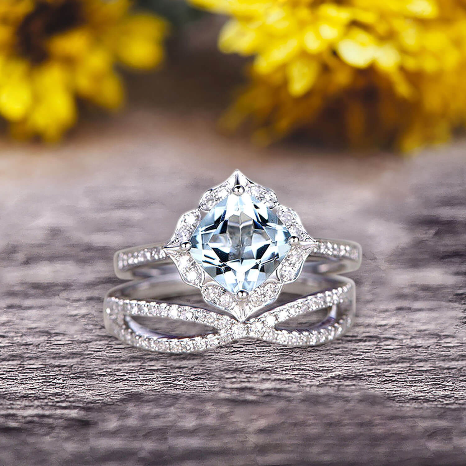 Erica Courtney Aquamarine Halo Eternity Ring with Diamonds 18K - Once Upon  A Diamond